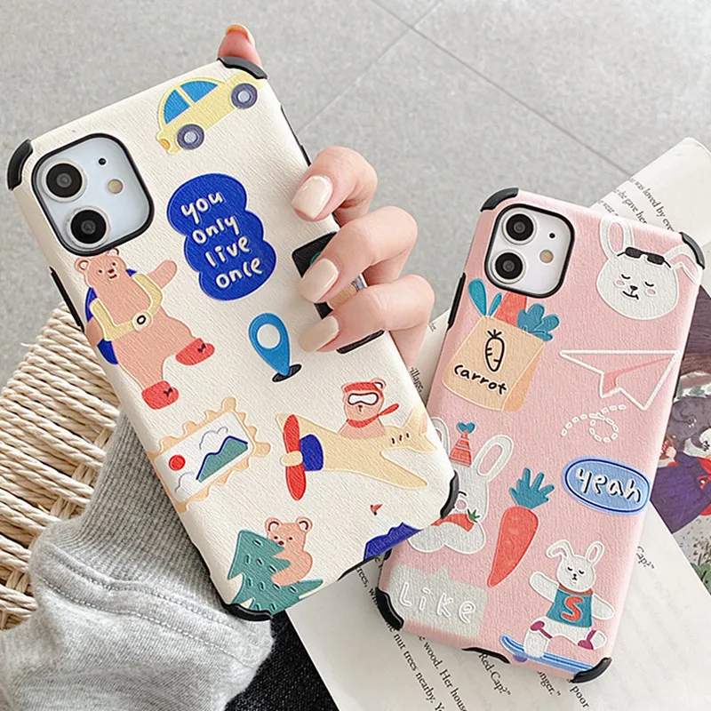 

Cute Phone Case For iPhone 11 Pro Max XR XS Max X 8 7 Plus case silicone cover bear pilot skateboard rabbit carrot illustration