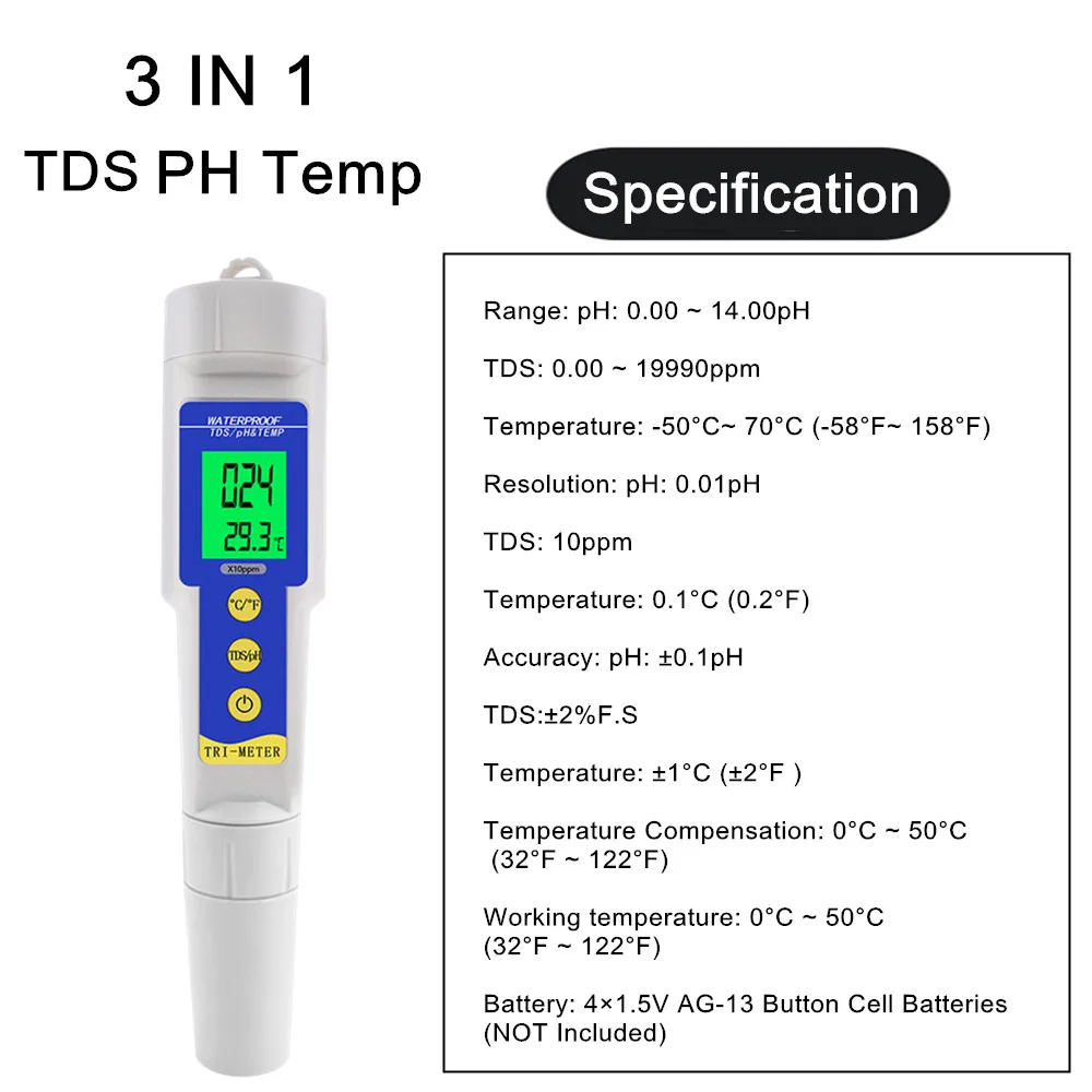 PH Meter, Water Quality Tester Professional 4 IN 1 TDS PH EC Temp Meter PH Tester Water Quality Testing