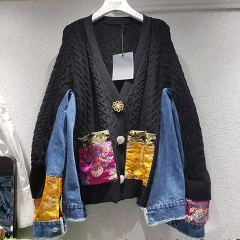 

Knitted Cardigan Denim Jackets Women Fashion V-Neck Long Sleeves Button Pocket Patchwork 2020 Autumn Mid-Length Cardigan