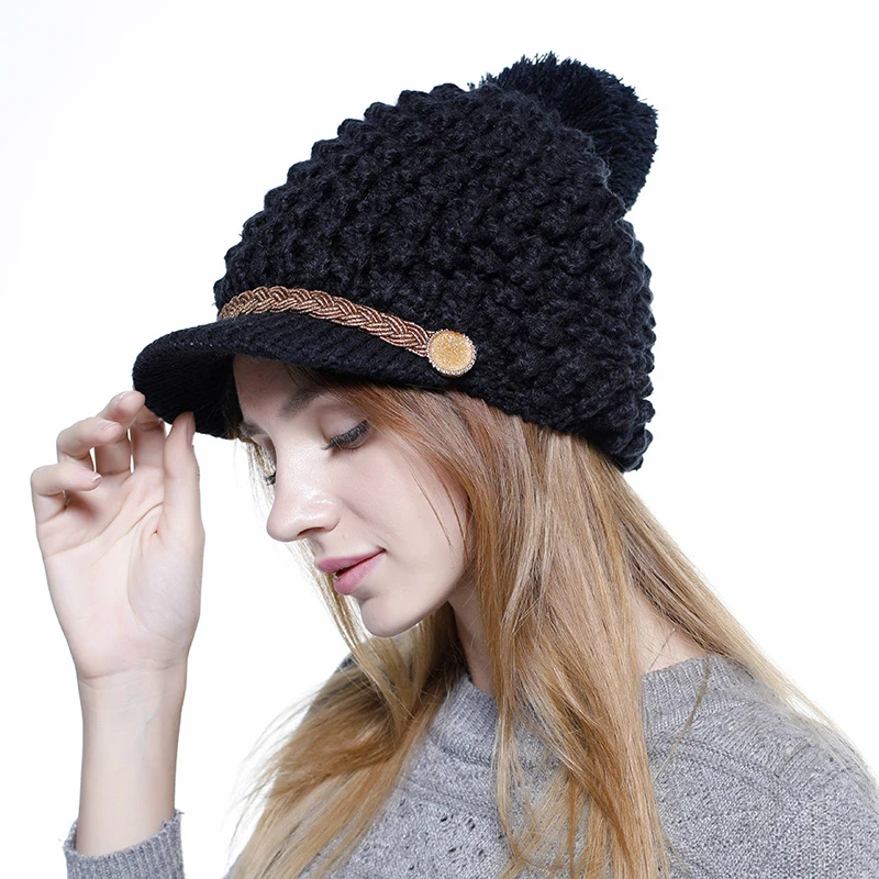 

Winter New Hair Ball Knitted Wool Hat Fashion Street Women Korean Version of Caps Woolen Lining Thick Warm Knit Cap Winter Hats