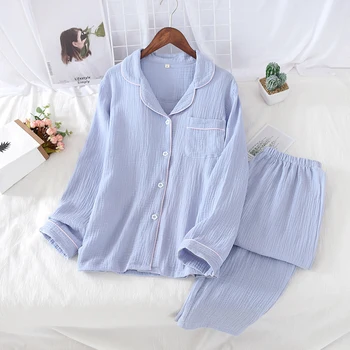 

JULY'S SYJJF Women Men Pajamas Set Cotton Couple Homewear Laple Collar Long Sleeve Button 2 Piece Solid Comfortable Sleepwear