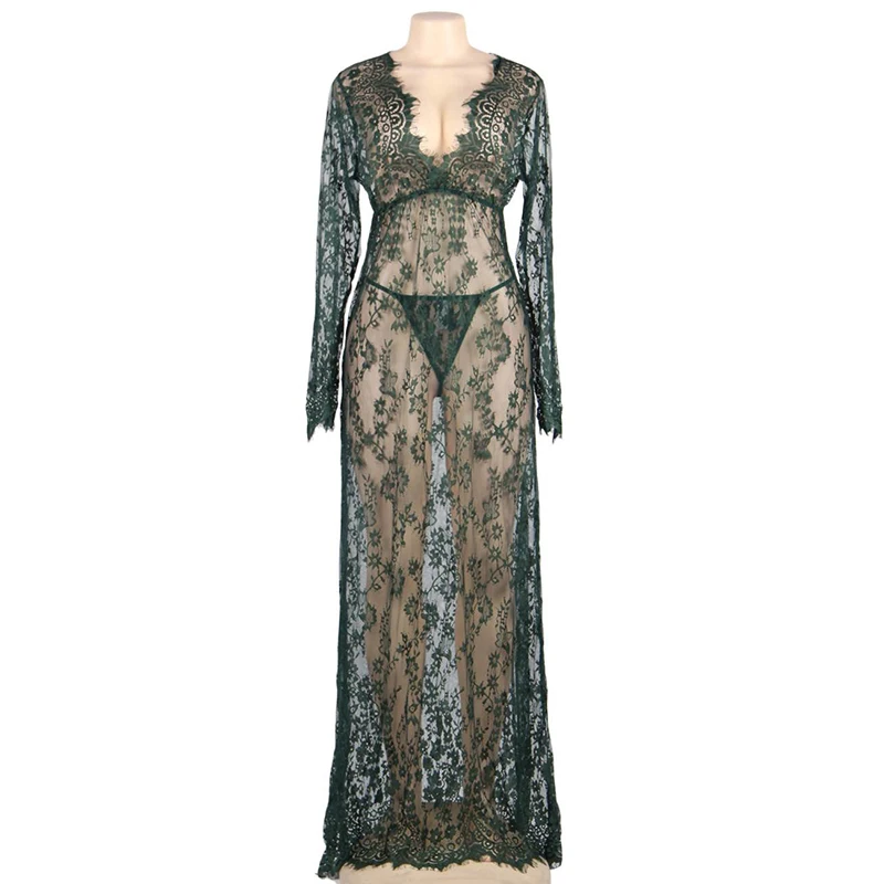 green lingerie Кружевная ночная рубашка белое черное свадебное макси платье для сна с длинным рукавом Прозрачная длинная кружевная ночная рубашка Горячее сексуальное женское белье в стиле «Baby Doll» RE80497 - Цвет: green lingerie