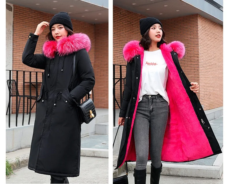 Rose red lining UHYTGF плотное зимнее пальто Женская парка ветровка пальто меховой воротник с капюшоном теплая зимняя куртка плюс бархат плюс размер парка mujer496 - Цвет: Rose red lining
