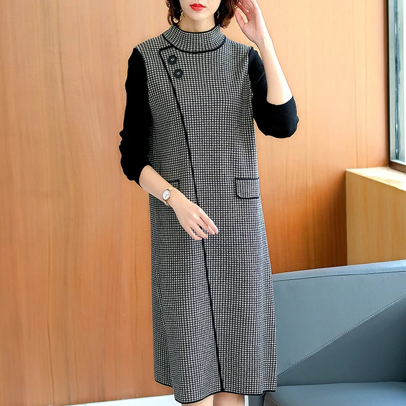 

Europe And America Thousands of Birds Jersey Dress Women's 2019 New Loose-Fit Mid-length Base over-the-Knee Sweater Skirt Thick