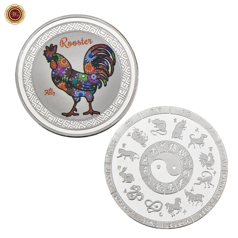 Rooster WR монеты зодиака китайского года крысы коллекционные с держателем для монет серебряные слитки вызов монеты Рождественский подарок для мужчин дропшиппинг - Цвет: Rooster