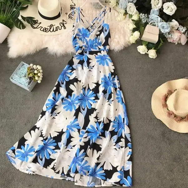 Платье богемное Flroal Vestido сексуальное летнее платье с v-образным вырезом женское без рукавов с открытой спиной пляжное стильное ТРАПЕЦИЕВИДНОЕ длинное платье AE833