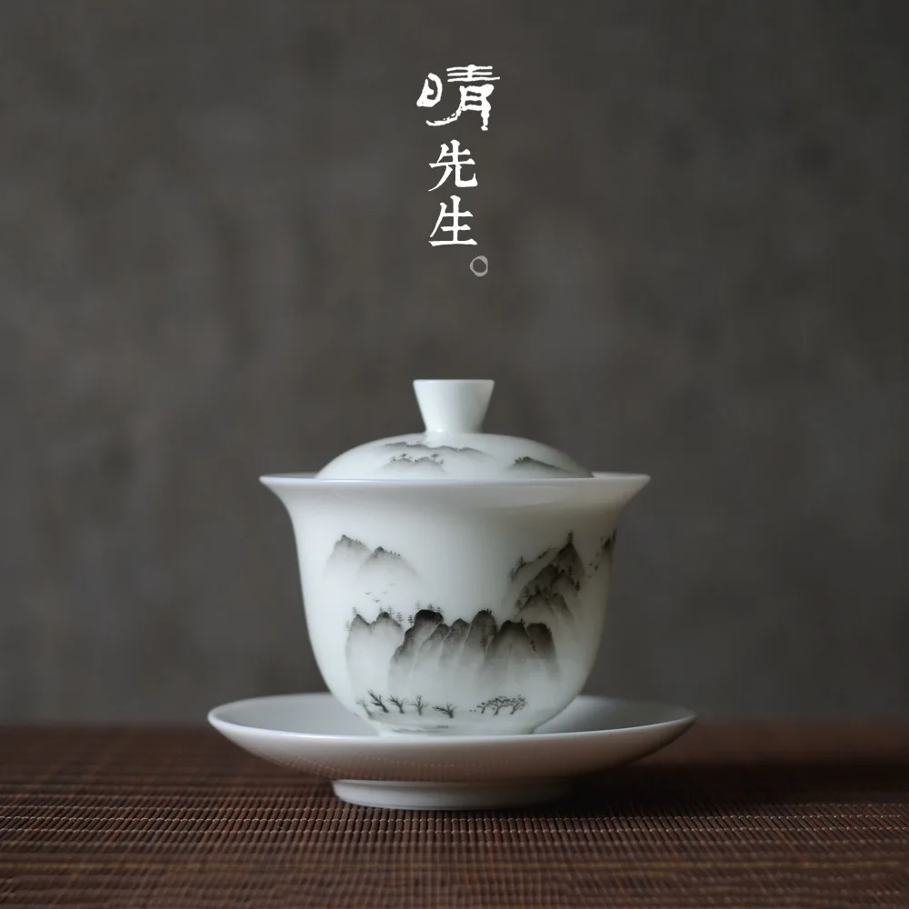 

Jindezhen Hand Color Ink Landscape Three Talents Tureen Teacup Ceramics Kung Fu Tea Have The Tea Cup Manual Tea Set