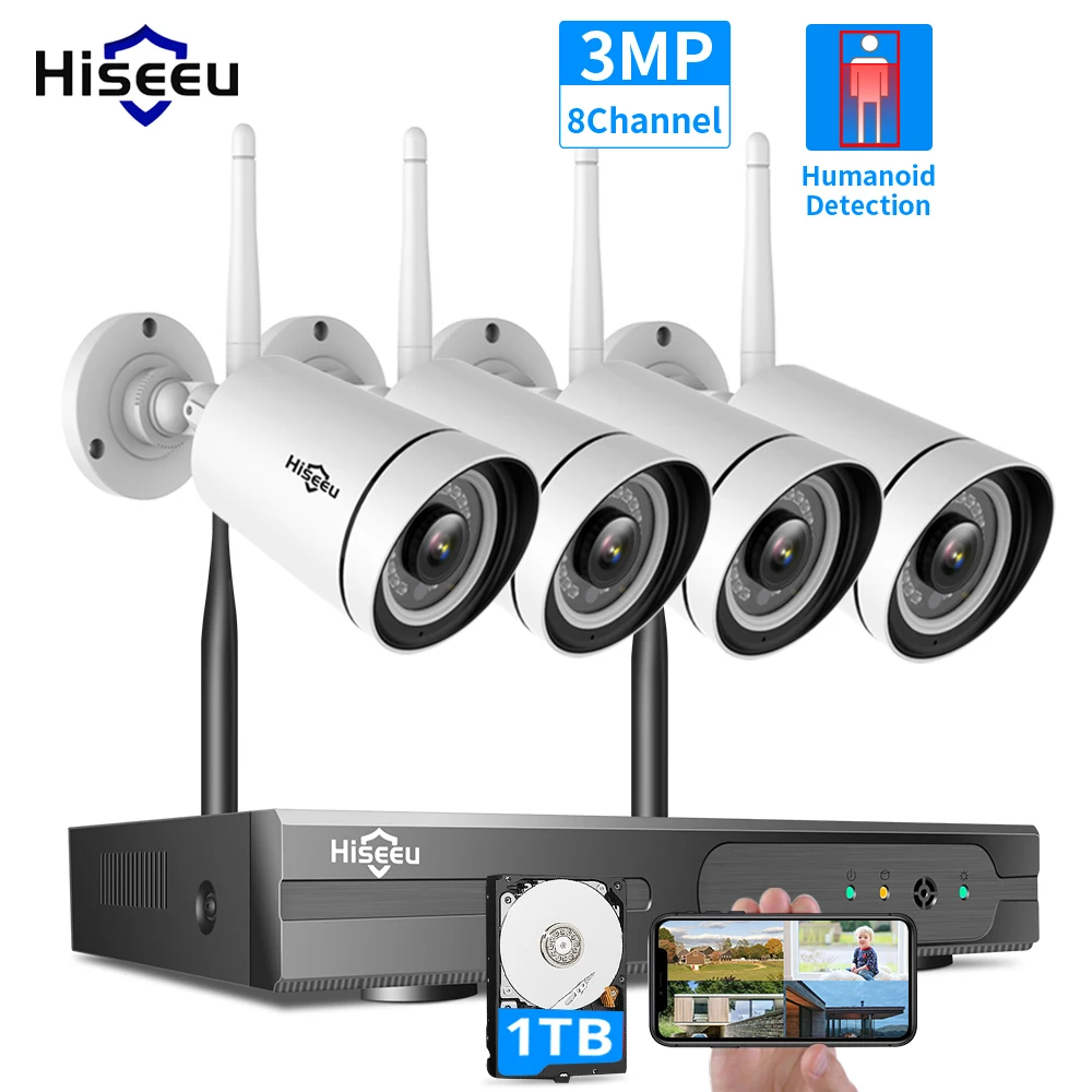 Hiseeu 3MP Wireless Security Camera System 1TB HDD 8CH NVR 4Pcs 1536P IR-Cut WIFI IP Security Surveillance Cameras Home Outdoor