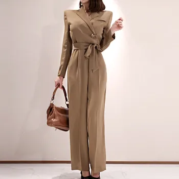 

2020 OL Elegant Wide Leg Lace up Jumpsuits Women Autumn Solid Color Rompers Belted Waist Office Wear Playsuits