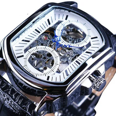 White Новые автоматические механические часы из сплава Tourbillon, водонепроницаемые мужские часы с ремешком из натуральной кожи, мужские наручные часы - Цвет: White