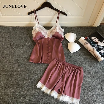 

Luck A Spring Summer Lace Pajamas Ice Silk With Chest Pad Spaghetti Strap Twinset Pijama For Women Two Pieces Sets