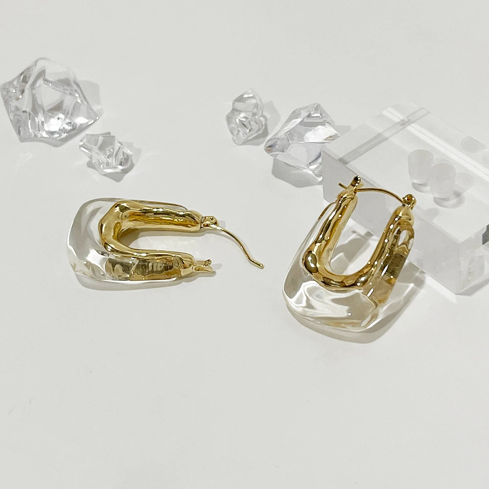 Peri'sBox Exaggerated Transparent Resin U-Shaped Hoop Earring For Women Large Acrylic Irregular Geometric Vintage Huggie Earring - Image 3