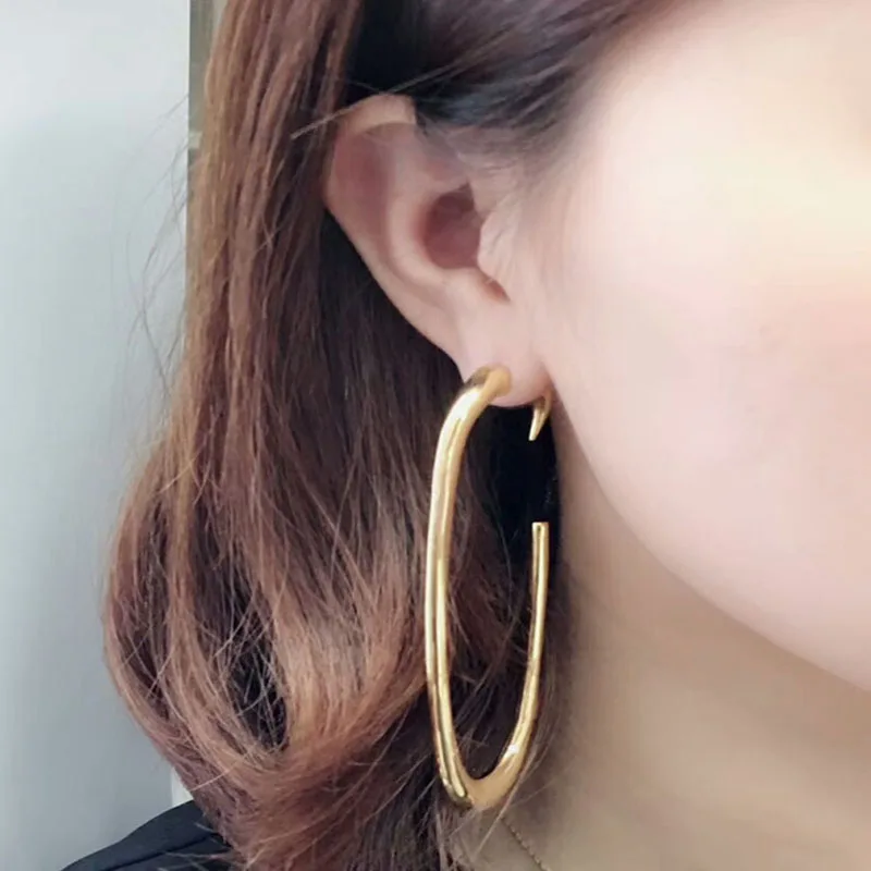 

SRCOI Exaggeration S925 Silver Pin Geometric U Shape Oval Gold Metal Big Stud Earring for Women Ear Piercing Party Girls Simple