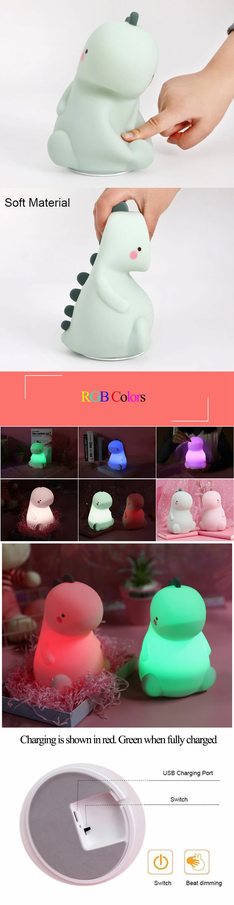 Lâmpada para Presente do Bebê Presente de Natal Decoração da Sua dos Desenhos Animados Night Light Recarregável Dinossauro Noite Crianças Ano Novo Casa Led Usb 2 Luzes e Iluminação