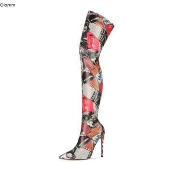 

Olomm Handmade Women Thigh High Boots Stiletto Heels Boots Pointed Toe Gorgeous Red Greeen Night Club Shoes Women US Size 4-13