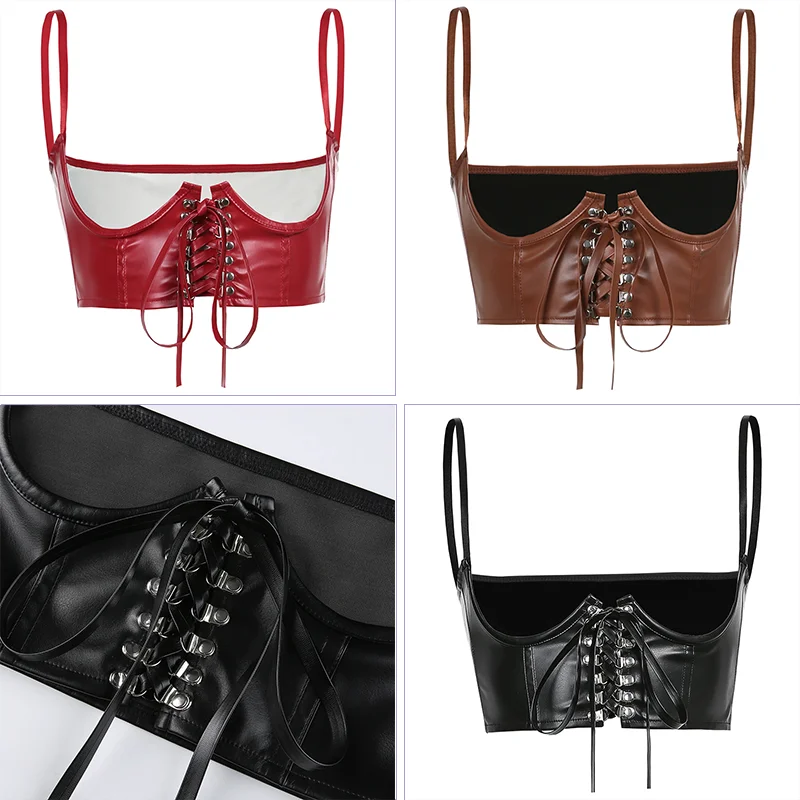 Rockmore Gothic PU Leather Corset Women Lace Up Crop Top Punk Style Corselet Wear Out Bustiers Cummerbunds Tops Streetwear mujer