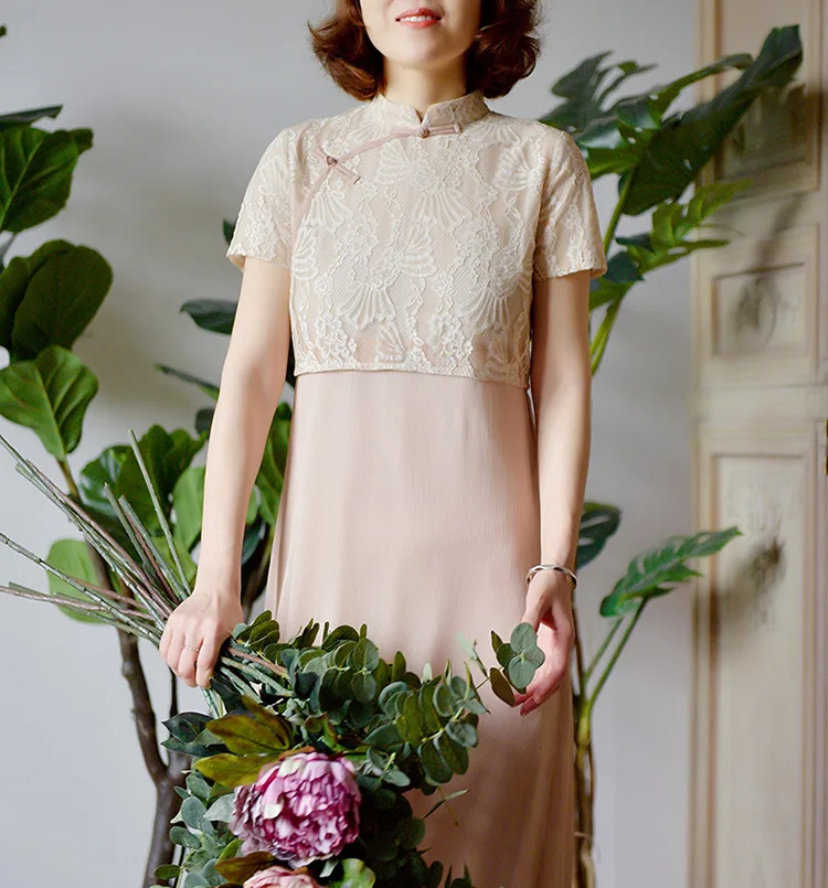 Летняя китайская стильная тарелка с пряжкой Cheongsam платья новые женские кружевные свободные винтажные платья с коротким рукавом