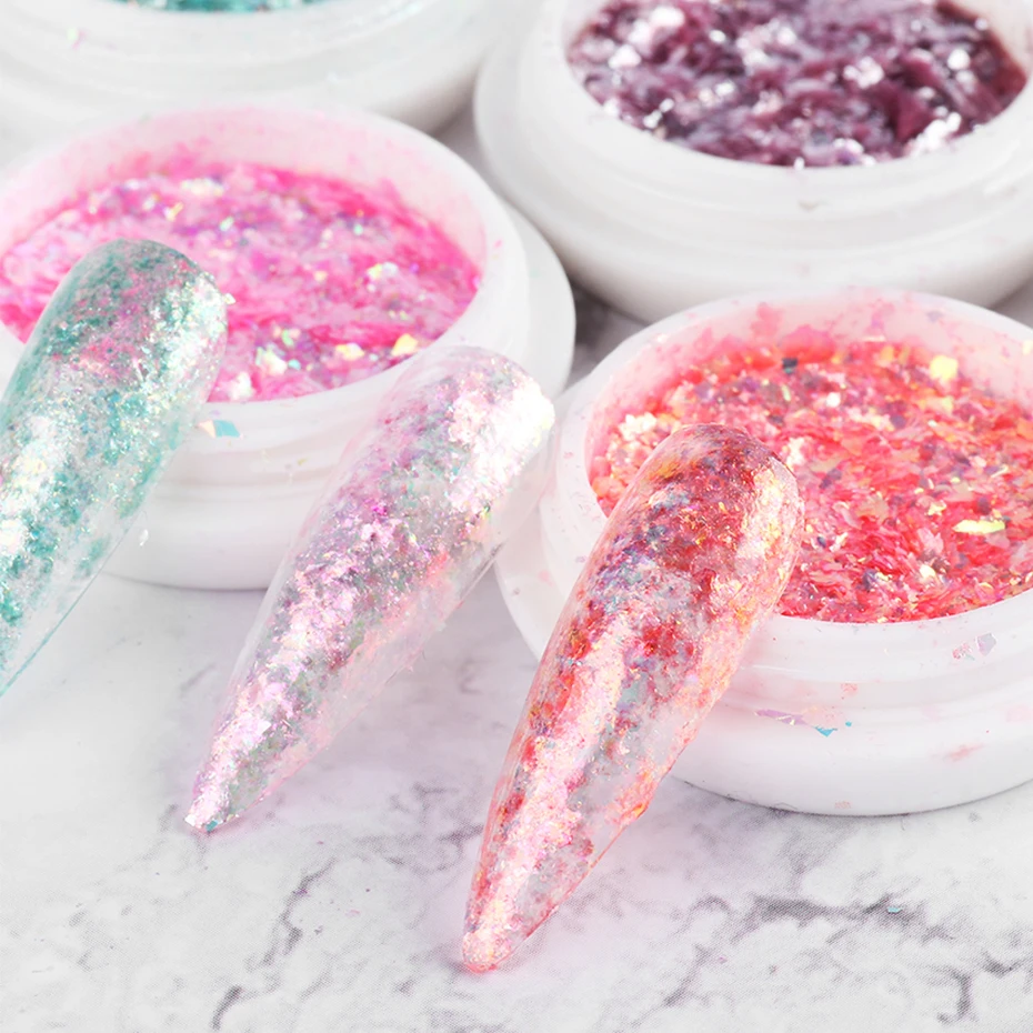 Nail Powder 1 Box Shiny Mermaid Opal Powder Nail Glitter Aurora Yuki Flakes Nail Design Manicure Mirror Neon Pigment Sequin Accessory LE1857