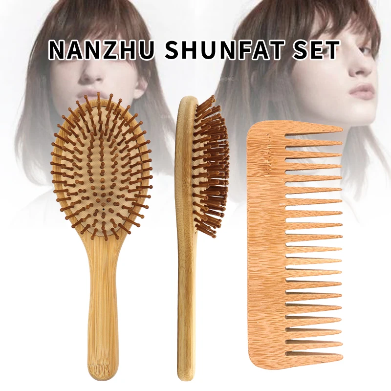 

Eco Friendly Wood Massage Hair Brush Detangle Detangling Hair Brush Massage Scalp Air Paddle Hairbrush Wide Tooth Comb Set
