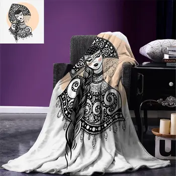 

Russian Throw Blanket Ethnic Slavic Woman in Folk Clothes Ornamental Moscow Graphic Art Warm Blanket for Bed Couch Black White