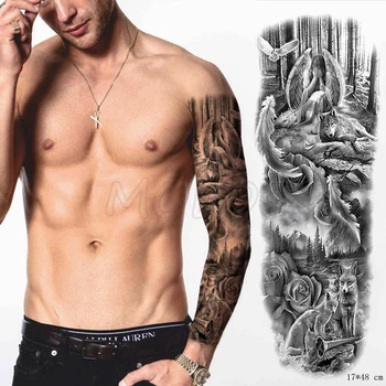 

Full Arm Waterproof Temporary Tattoo Sticker angel feather forest wolf flower Fake Tatoo Stickers Flash Tatto To Man Woman 02