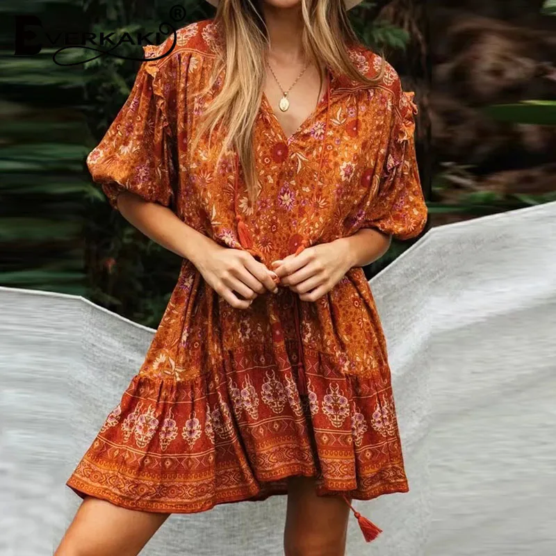 Orange Everkaki, женское короткое платье, бохо, цветочный принт, кисточки, пояс, Vestidos Gypsy, женские мини платья, для женщин, весна-лето, Новинка - Цвет: Orange