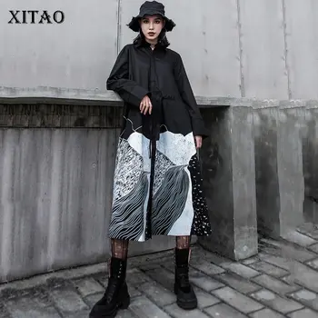 

XITAO Patchwork Dot Print Black Dress Drawstring Bandage Pleated Plus Size Dress Women Clothes 2019 Elegant Autumn New WLD2289