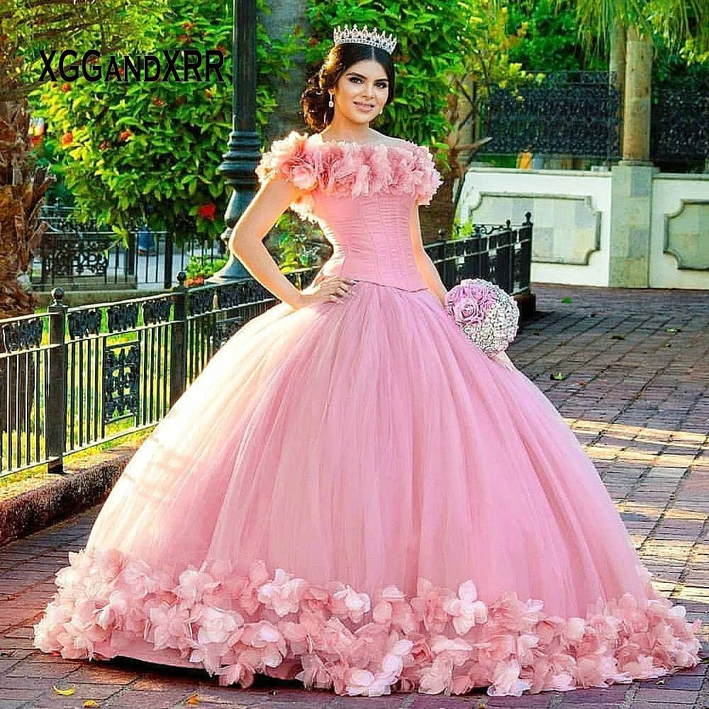 Vestidos quinceañera rosa para niña, vestido De De festoneado sin hombros, vestido De fiesta De cumpleaños, 2020|Vestidos de quinceañera| -