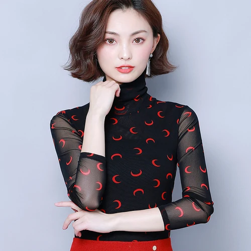 

2019 Autumn New Fashion Elastic Printed High Collar Designs Lace Female Shirt Black Elegant Comfortable Slim Women Bottoming Top