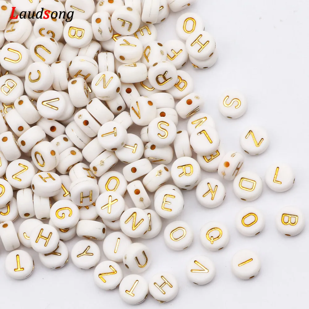 7mm White And Gold Mixed Letter Acrylic Beads Round Flat Alphabet Loose Beads For Jewelry Making Handmade Diy Bracelet Necklace