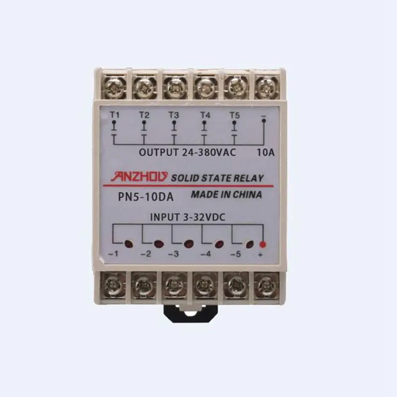 1PC 10DA Din Rail Mounting SSR 5 Channels Quintuplicate Input 3~32VDC Output 24~380VAC DC Solid State Relay Zero cross trigger |