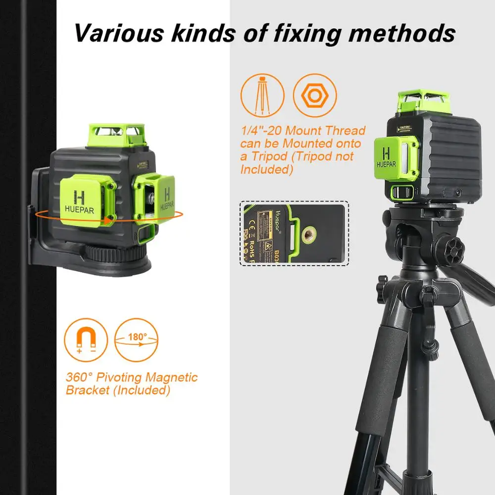 Huepar-Niveau laser croisé à nivellement automatique, 2x360 °, faisceau  vert, contrôle Bluetooth extérieur, trépied récepteur, batterie Eddie Ion