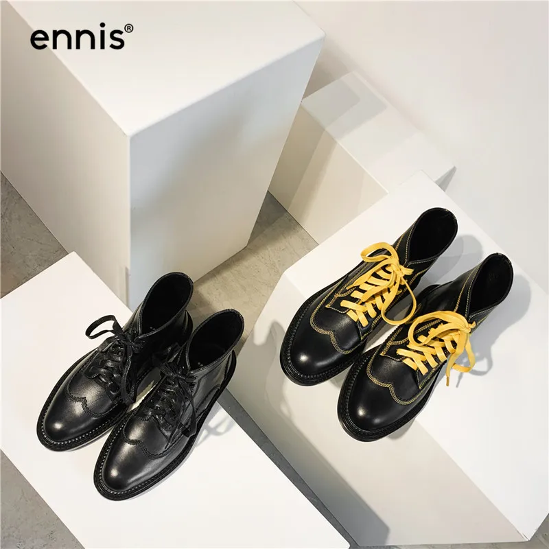 ENNIS/ г. Черные Ботинки martin в европейском стиле женские ботинки из натуральной кожи Дизайнерские ботильоны на плоской подошве со шнуровкой Осенняя обувь новинка, A9163