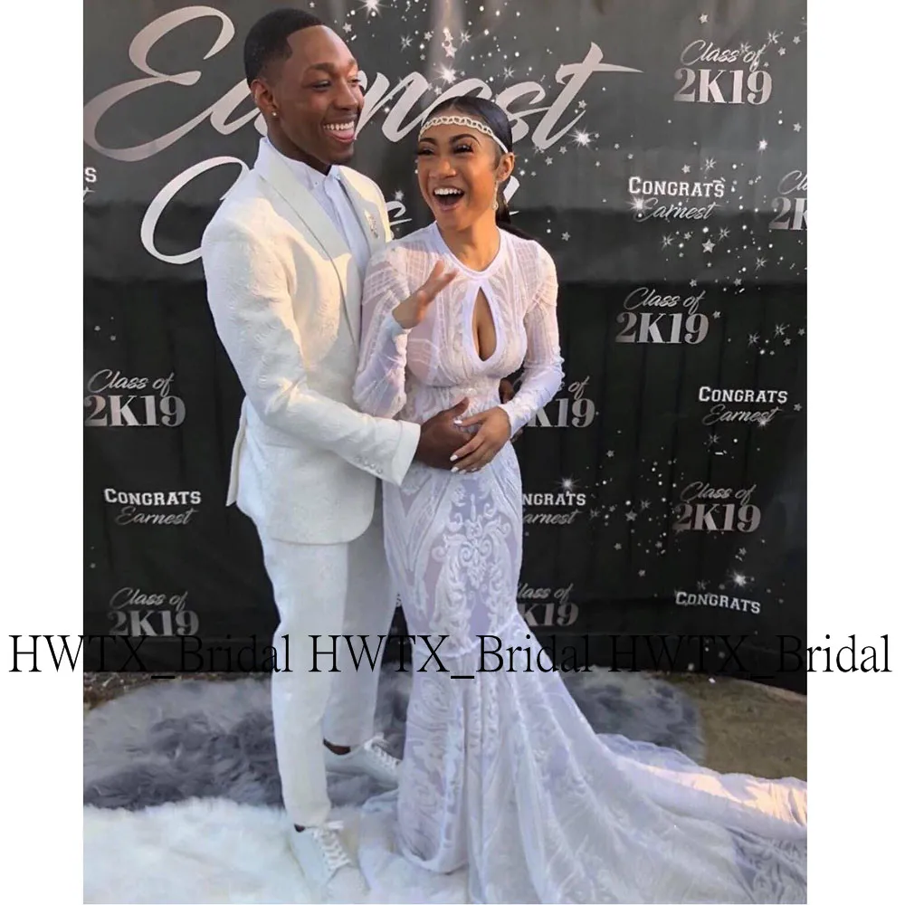 

Elegant White Long Prom Dresses 2020 Afrcain Sequin Lace Mermaid Style Long Sleeves Girls Graduation Gala Prom Dress 2K20 Custom
