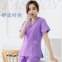 Fashion Medical Scrubs Beauty and Health Uniforms Pure Cotton Women Color Blocking Design V Neck Shirt and Pants Nurse Costume