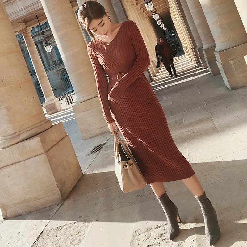 Женское платье-свитер с v-образным вырезом повседневное теплое плотное