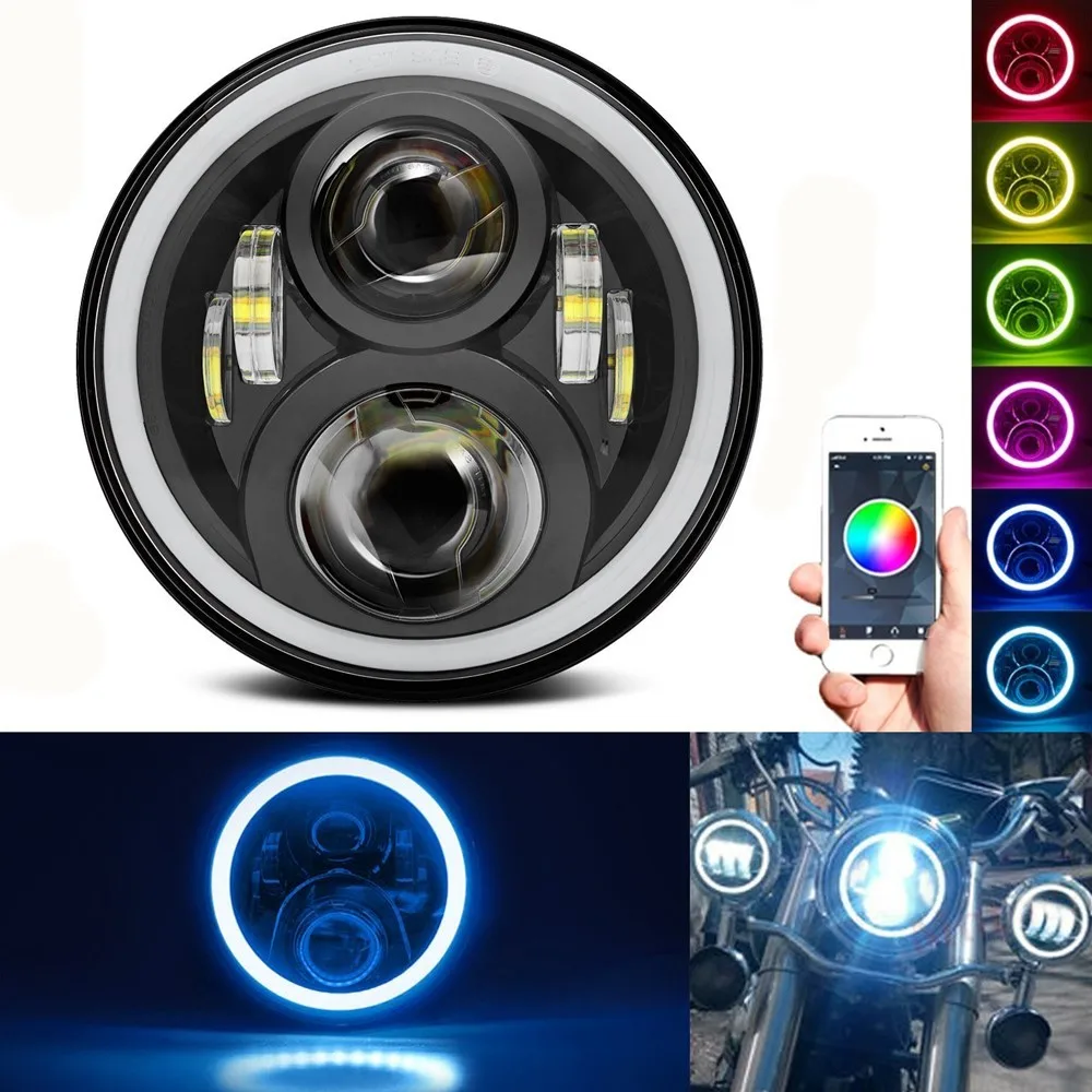 Фара светодиодная RGB Halo для мотоцикла Круглый Головной фонарь диагональю 7 дюймов