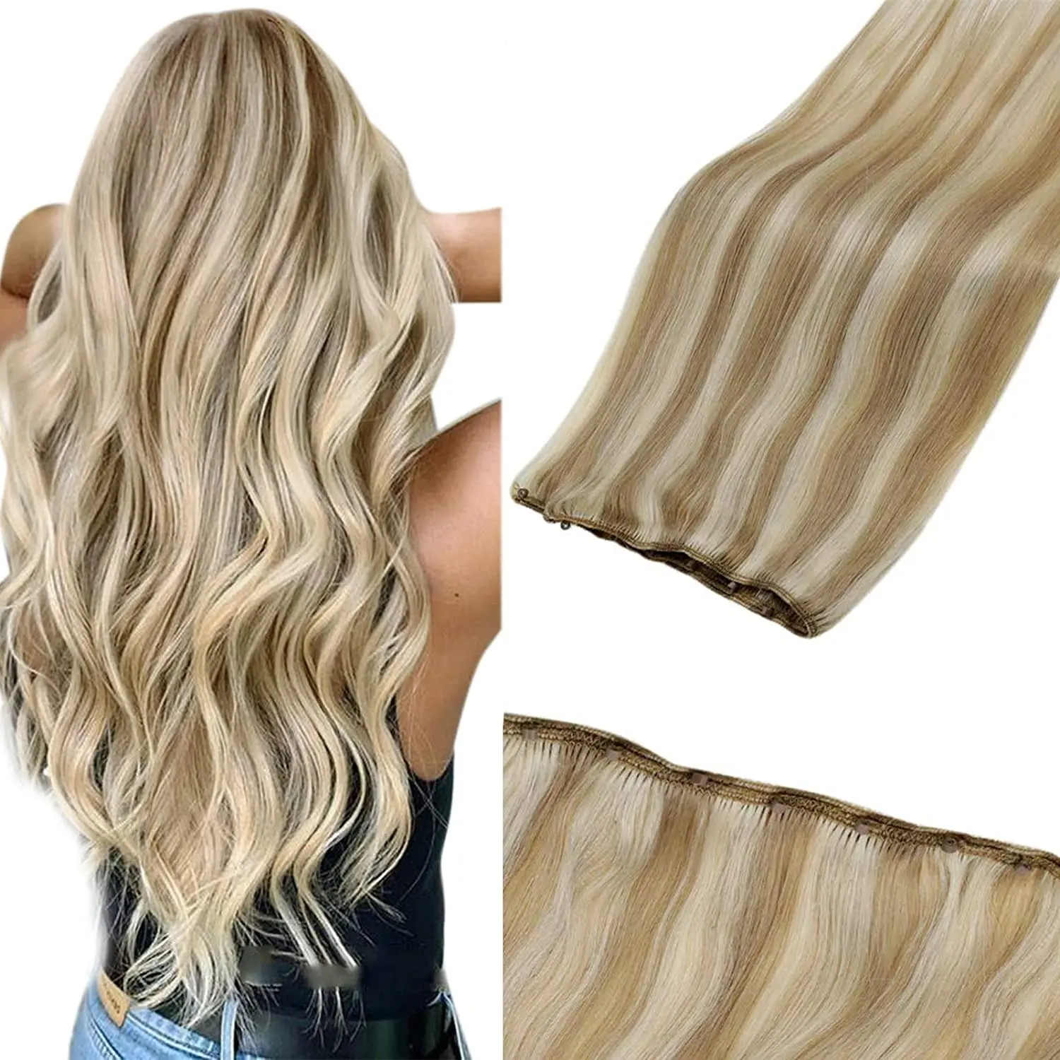 VeSunny-extensiones de cabello humano con microcuentas, cabello postizo con reflejos Rubio, tejido de microanillo cosido en trama Real