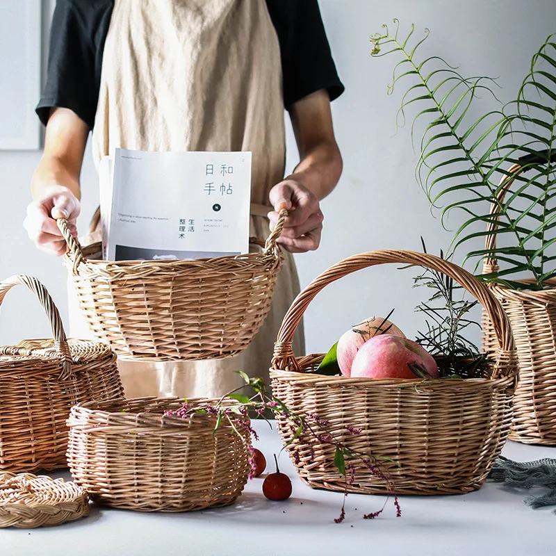 

MASCOTANGEL Creative Bamboo Woven Handle Fruit Box Fabric Storage Basket Rattan With Lid Storage Box Organizer Wicker Material