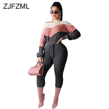 

Color Block Knitted Two Piece Set Tracksuit for Women One Shoulder Long Sleeve Sweater Top+Drawstring Skinny Pant Warm Outfits