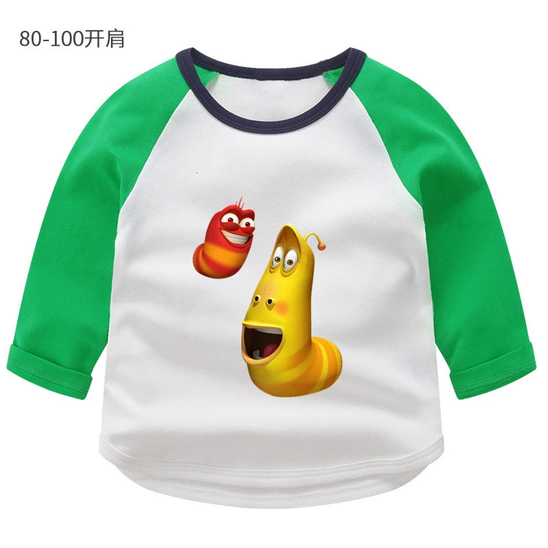 wholesale Animation Larva Summer O-Neck PRINT Tops Boys Girls splice color Long sleeve Children Cartoon T shirt Baby - Color: as picture