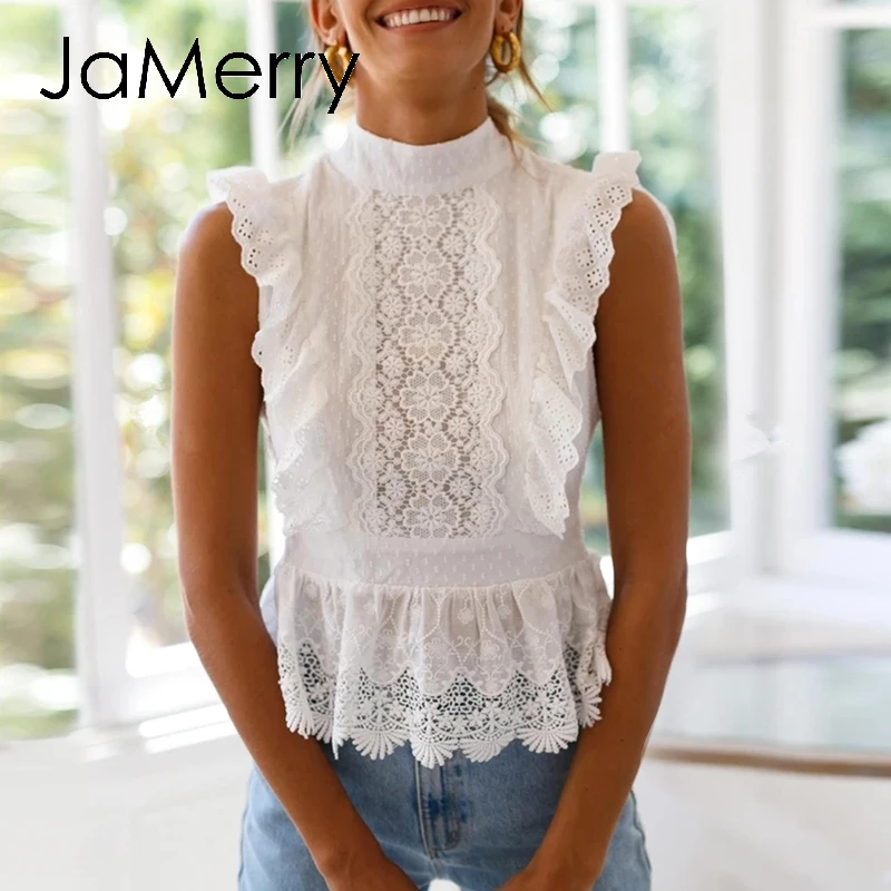 JaMerry Backless lace embroidery women white tank tops Ruffled hollow out peplum tops female summer style Streetwear ladies tops - 4.00052E+12