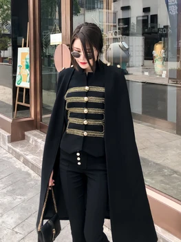 Embroidery Buttons Black Shawl Military Woolen Coat 1