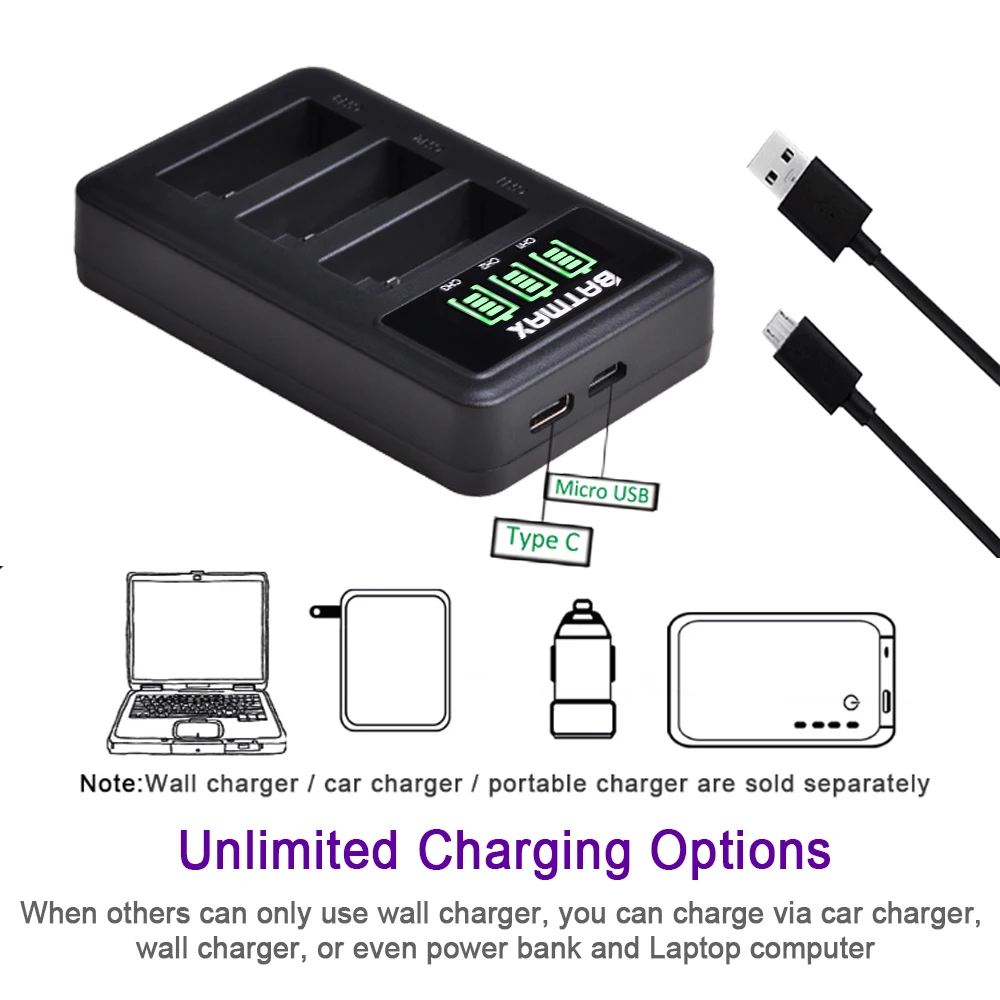 Price 3Pcs Batteries for GoPro Hero 7 Gopro 6 5 AHDBT 501 Battery +LED 3 Slot USB Charger with Type C Port for GoPro Accessories