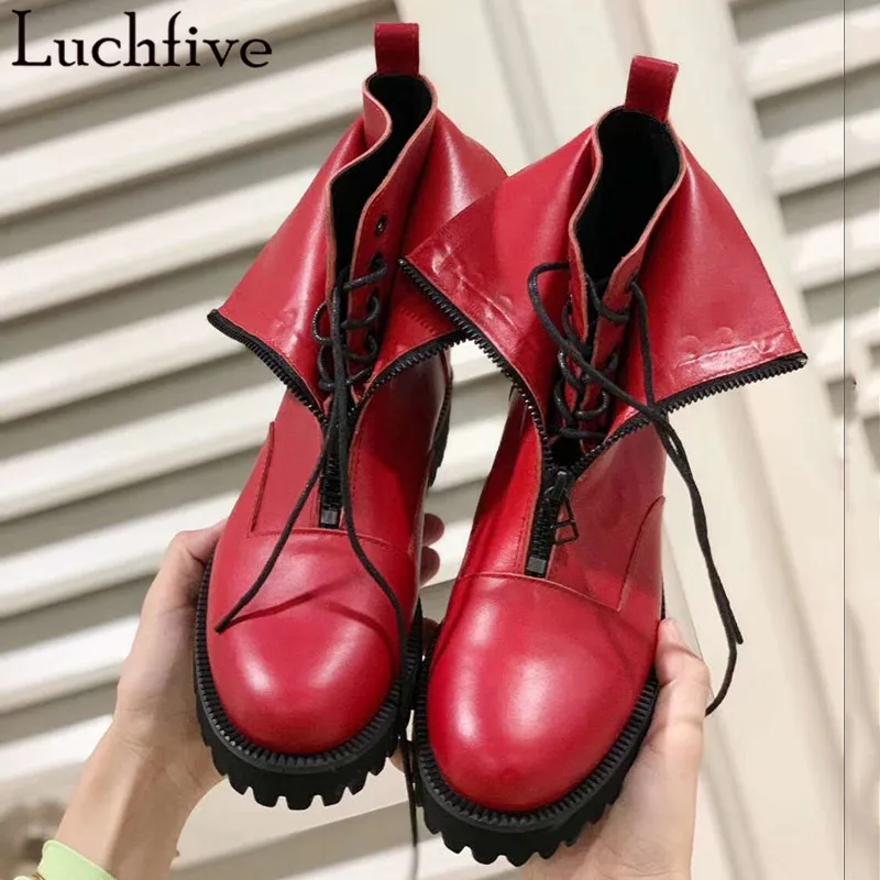 

Hot Zipper Martin Boots Femme Round Toe Short Boots For Women Sqaure Low Heels Autumn Outwear Black Red Shoes Woman