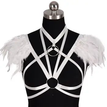 

Harajuku Harness Bra Sexy Feather White Strap Shoulder Bondage Triangle Frame Cupless Top Plus Size Dance Night Club Women