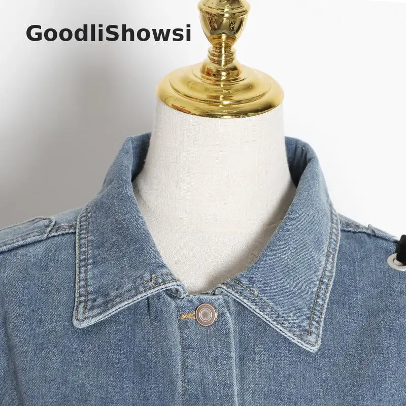 GoodliShowsi, западный стиль, модные джинсовые куртки, бант, дизайн, отложной воротник, рукав-фонарик, карманы, шикарное свободное короткое пальто, Топ