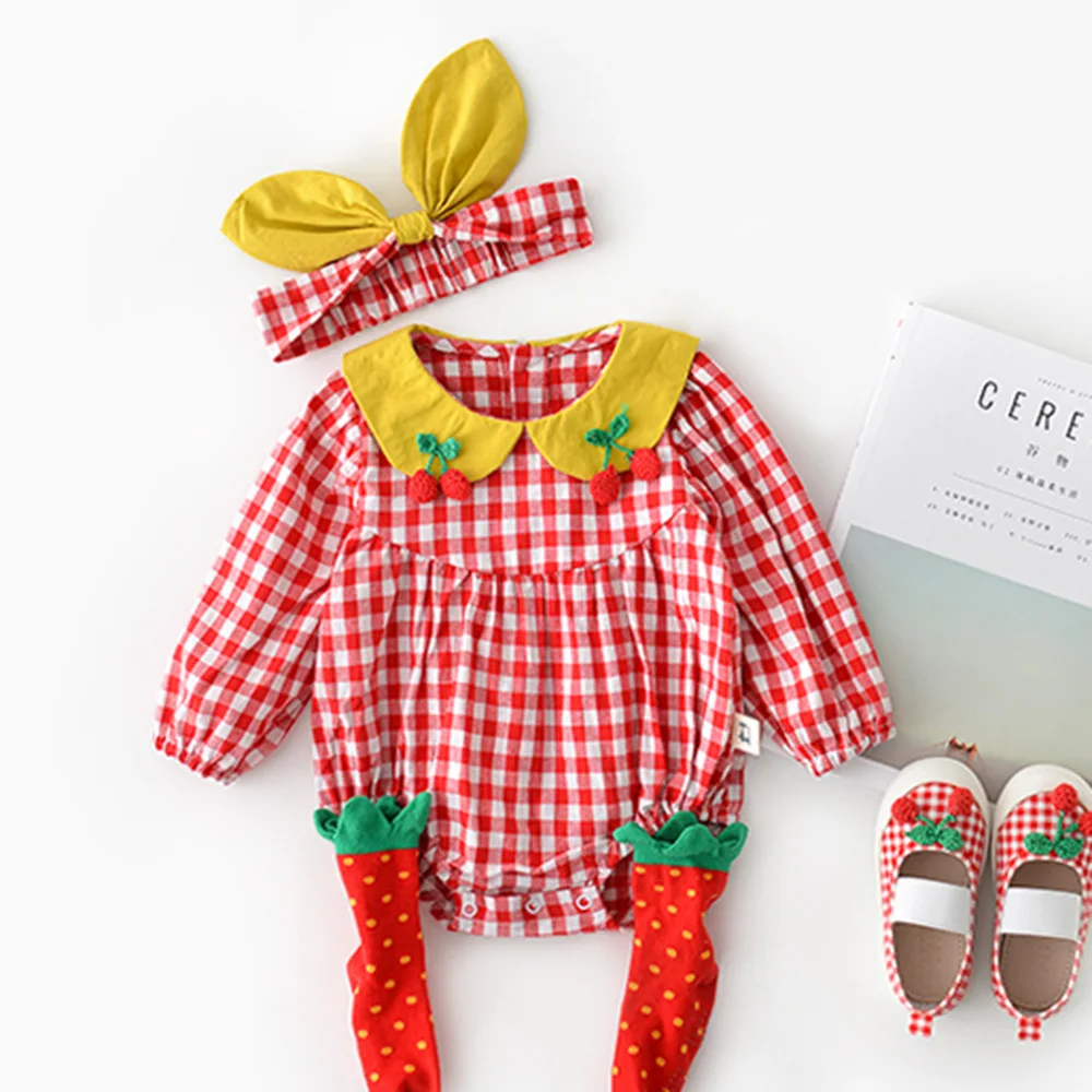 Autumn Infants Little Children Climbing Clothes Newborn Baby Plaid Doll Collar Cherry Cotton Jumpsuit with Bow Knot Headband Top - Цвет: red