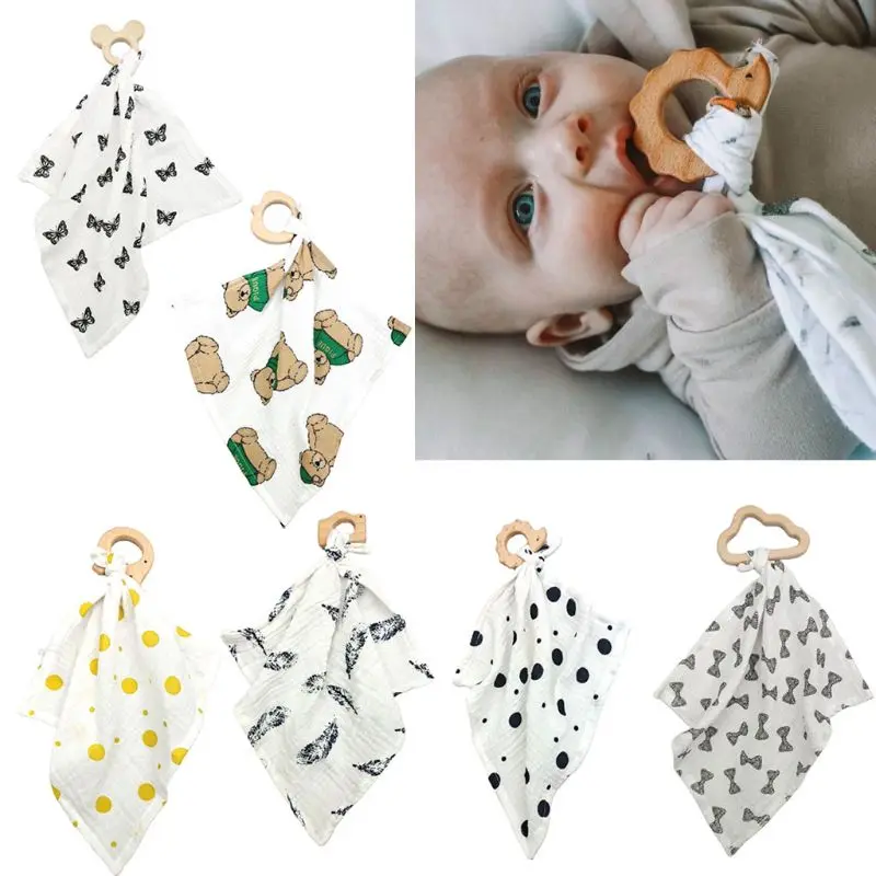 

1pcs Baby Bibs Cotton With Wooden Teether Rodent Animals Burp Cloths Pacify Towel Newborn Soft Triangle Towel