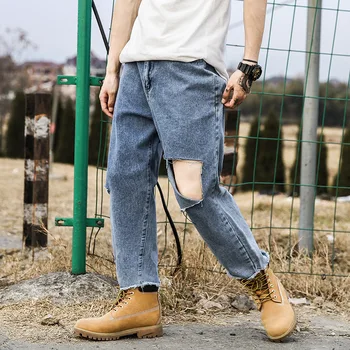 

Male Retro Fashion Streetwear Hip Hop Ankle-length Denim Pants Trousers Men Broken Hole Loose Casual Straight Jeans